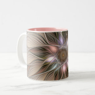 Caneca De Café Em Dois Tons Flor Abstrata Alegre Bege Marrom Fractal Floral