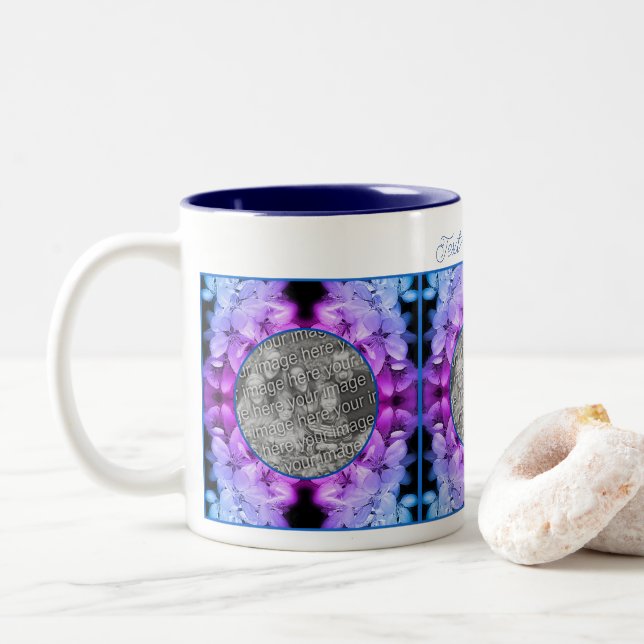 Caneca De Café Em Dois Tons Flor Brilhante Abstrato Tinted Add Your Photo (Com Donut)