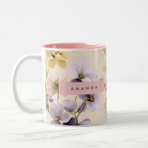 Caneca De Café Em Dois Tons Flor de Aquarela Personalizada Pastel Whimsical