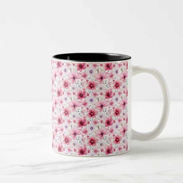 Caneca De Café Em Dois Tons Flor de Aquarela Rosa (Direita)