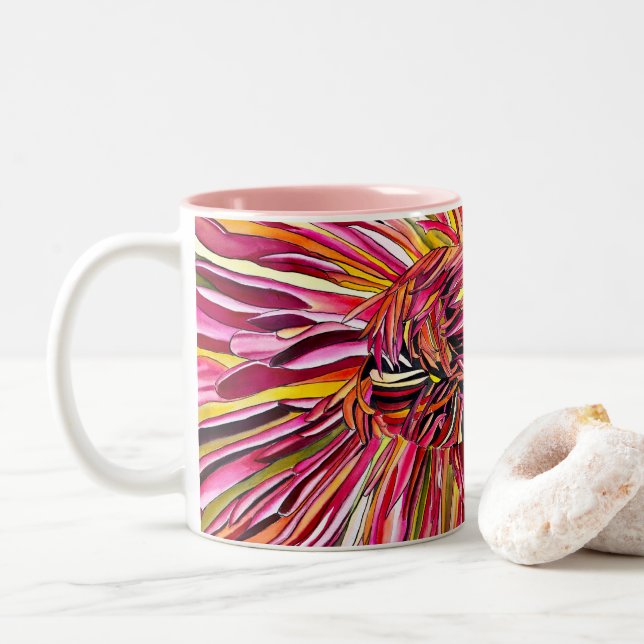 Caneca De Café Em Dois Tons Flor de aquarelas de crisântemos (Com Donut)