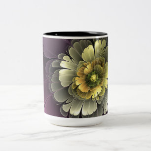Caneca De Café Em Dois Tons Flor de Fractal Abstrato Moderno Purpur Khaki Cinz