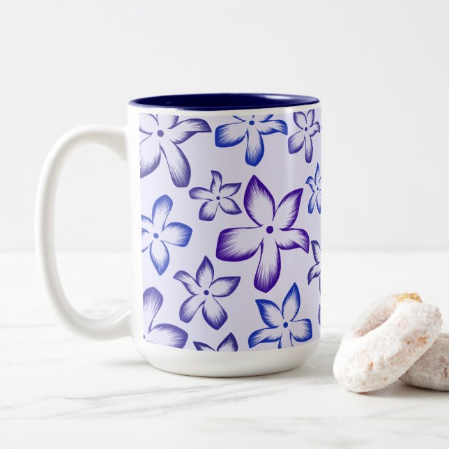Caneca De Café Em Dois Tons Flor de Gradiente Violeta Azul Vibrante (Com Donut)
