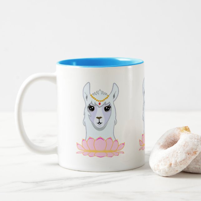 Caneca De Café Em Dois Tons Flor de Lótus Fofa & Lhama (Com Donut)