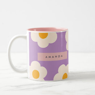 Caneca De Café Em Dois Tons Flor de Margarida Roxa Retro Personalizada