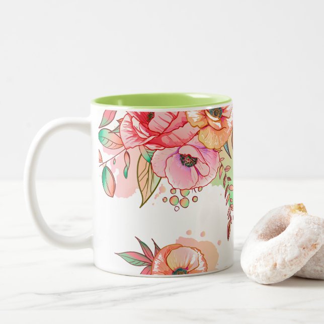 Caneca De Café Em Dois Tons Flor de primavera (Com Donut)