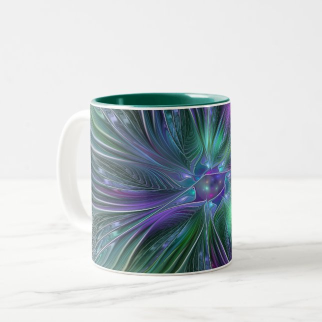 Caneca De Café Em Dois Tons Flor Moderna Abstrata Fractal Roxa Verde (Frente Esquerda)