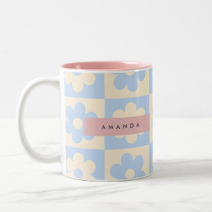 Caneca De Café Em Dois Tons Flor Pastel Personalizada de Margarida Azul Retrô