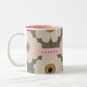 Caneca De Café Em Dois Tons Flor Personalizada de Meados do Século em Bege e M