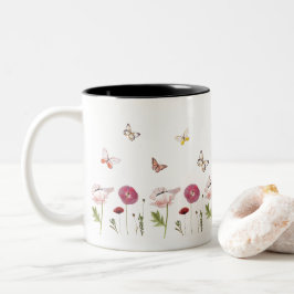 Caneca De Café Em Dois Tons Flor rosa Flor Garden Borboleta Padrões Mug