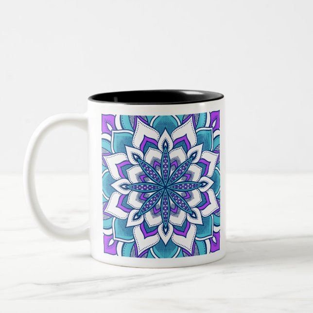 Caneca De Café Em Dois Tons Flor Roxo Turquesa Mandala (Esquerda)