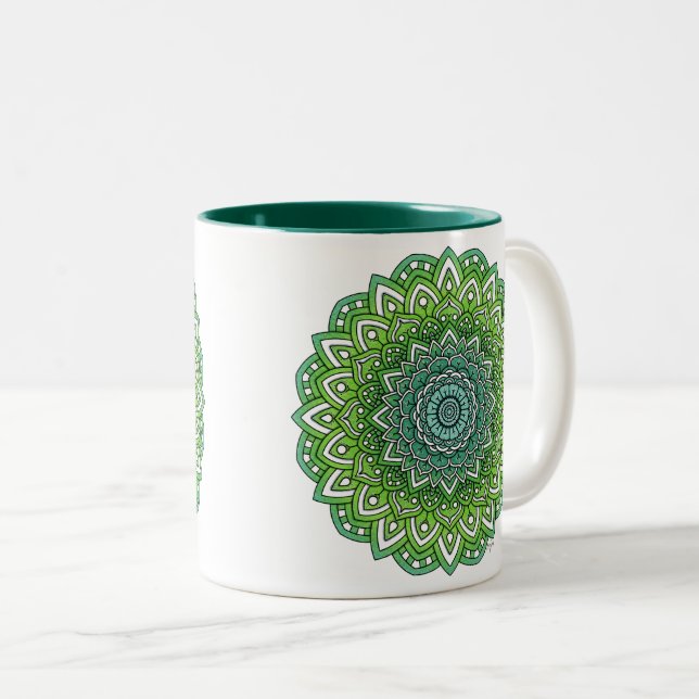 Caneca De Café Em Dois Tons Flor Verde Espimentada Mandala (Frente Esquerda)