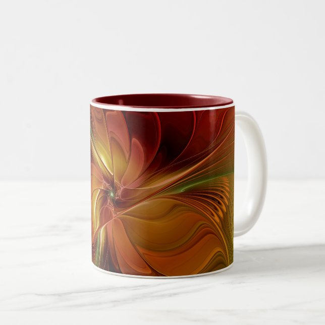 Caneca De Café Em Dois Tons Flor verde-laranja-abstrato Vermelho Castanho-Cast (Frente Esquerda)