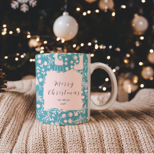 Caneca De Café Em Dois Tons Florais de Rena Nórdica Natal Rosa em Azul Turqu