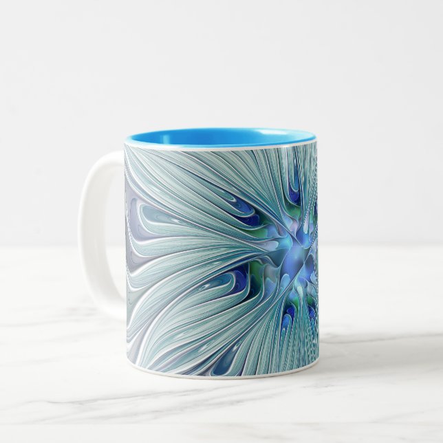 Caneca De Café Em Dois Tons Floral Beauty Abstrato Modern Blue Pastel Flower (Frente Esquerda)