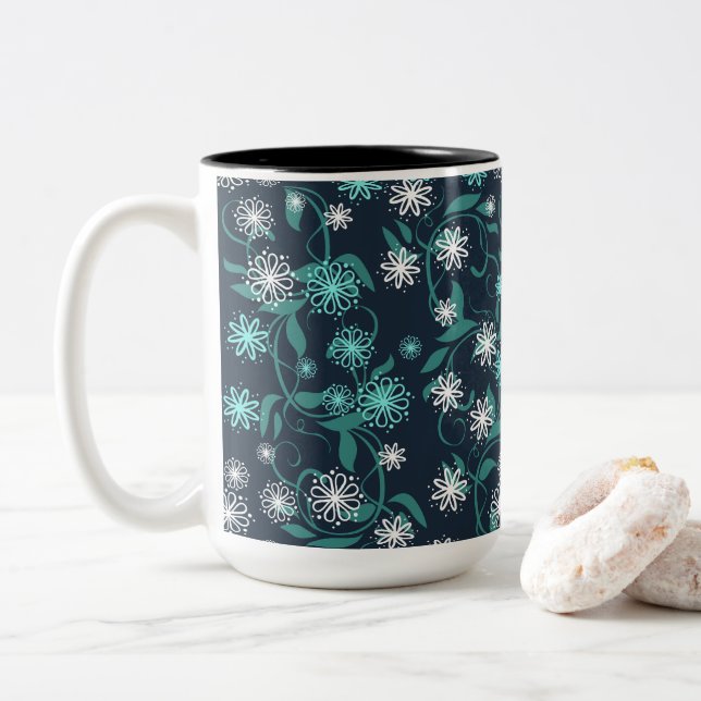 Caneca De Café Em Dois Tons Floral Branco e Teal Encantado (Com Donut)
