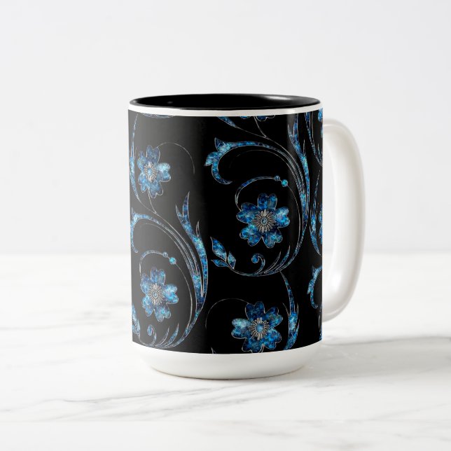 Caneca De Café Em Dois Tons Floral Brilho Azul 2 (Frente Esquerda)