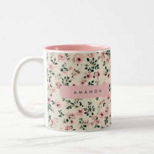 Caneca De Café Em Dois Tons Floral de Flor Rosa Delicado Personalizado