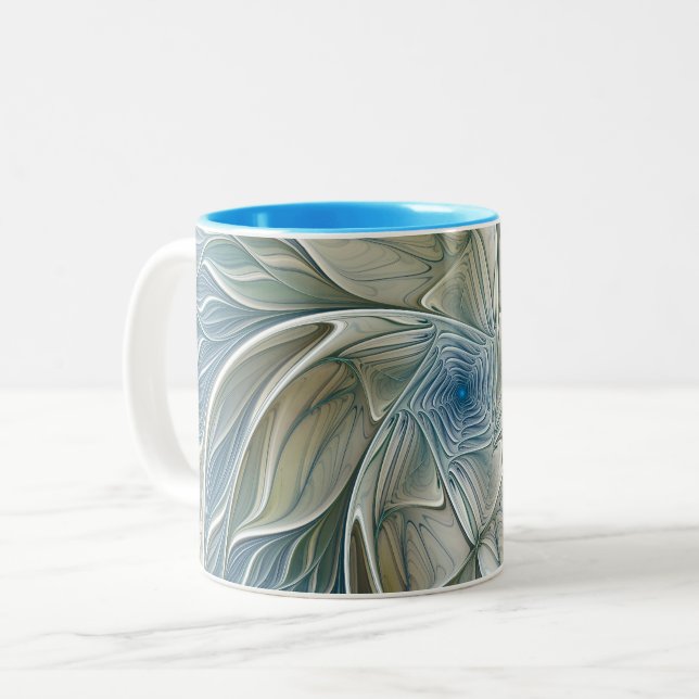 Caneca De Café Em Dois Tons Floral Dream Pattern Abstrato Blue Khaki Fractal (Frente Esquerda)