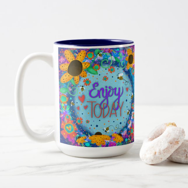 Caneca De Café Em Dois Tons Floral Floral Divertido Aproveite Hoje Inspirivida (Com Donut)