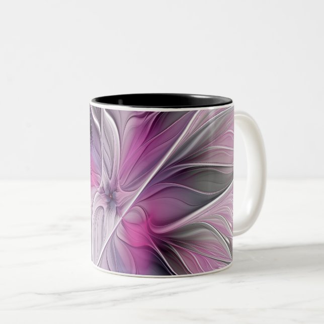 Caneca De Café Em Dois Tons Floral Fractal Moderno Abstrato Flor Rosa Cinza (Frente Esquerda)