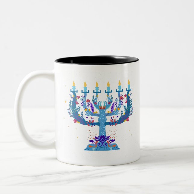 Caneca De Café Em Dois Tons floral menorah hanukkah (Esquerda)
