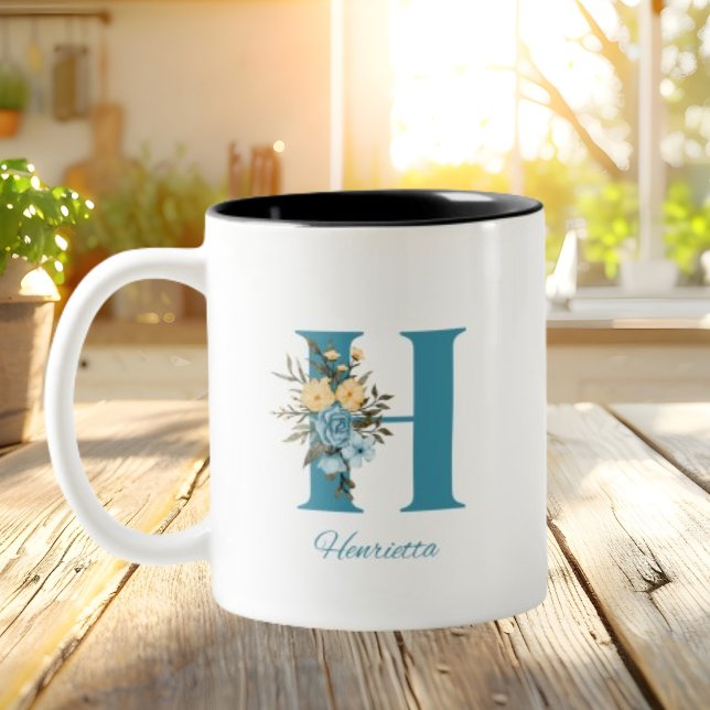 Caneca De Café Em Dois Tons Floral Mínima Azul (Criador carregado)