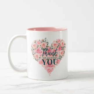 Caneca De Café Em Dois Tons Floral "obrigado você": rosa cardíaco