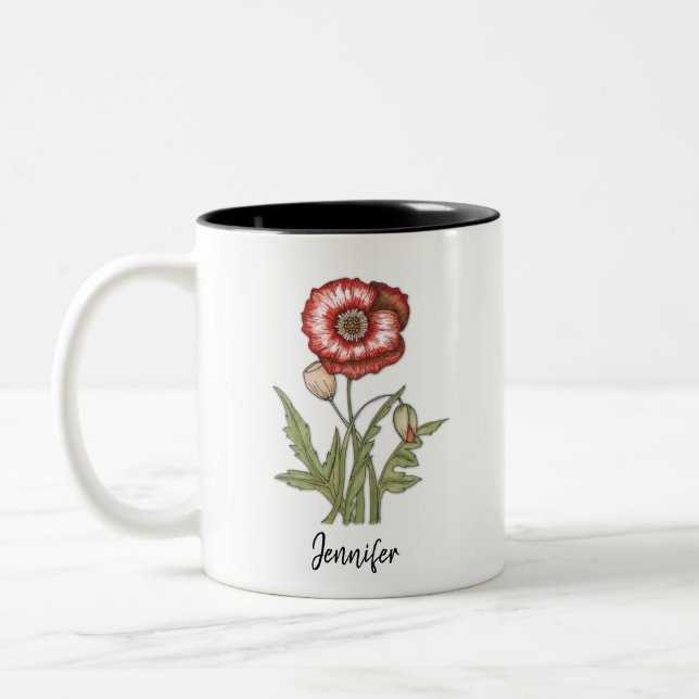 Caneca De Café Em Dois Tons Floral Personalizável de Papoila Vermelha (Esquerda)