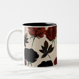 Caneca De Café Em Dois Tons Floral Vermelho e Bege Preto Botânico Ousado