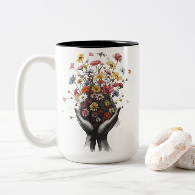 Caneca De Café Em Dois Tons Flores (Com Donut)