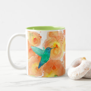 Caneca De Café Em Dois Tons Flores alaranjadas do Hollyhock dos colibris