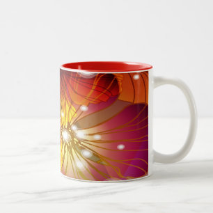 Caneca De Café Em Dois Tons Flores alaranjadas, roxas e amarelas