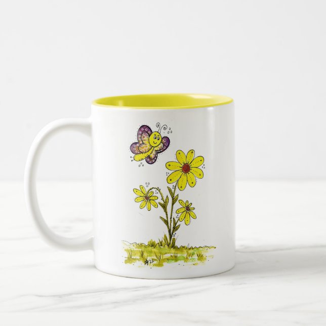 Caneca De Café Em Dois Tons Flores Amarelas Whimsical com Borboleta (Esquerda)