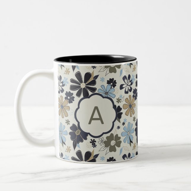 Caneca De Café Em Dois Tons Flores Azuis Monogramas, Impressão Floral Descrito (Esquerda)