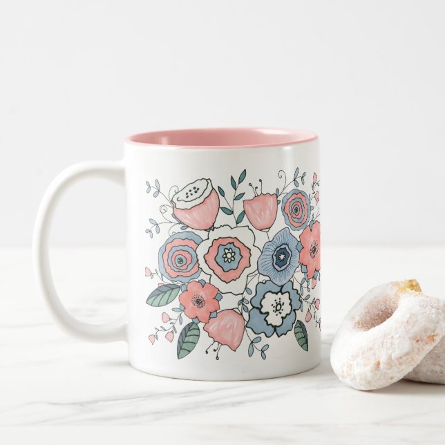 Caneca De Café Em Dois Tons Flores Boho Rosa Azul Tendência (Com Donut)