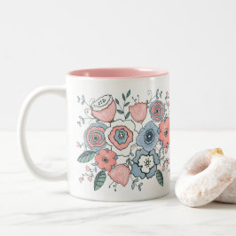 Caneca De Café Em Dois Tons Flores Boho Rosa Bege Azul Tendência