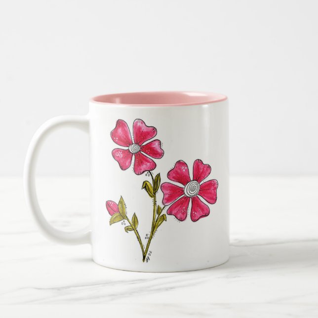 Caneca De Café Em Dois Tons Flores Brancas, Cinzentas, Quentes (Esquerda)
