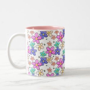 Caneca De Café Em Dois Tons flores coloridas arco-íris brilhantes abelhões flo