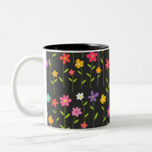 Caneca De Café Em Dois Tons Flores coloridas, pretas