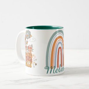 Caneca De Café Em Dois Tons Flores coloridas retrógradas entaladas arco-íris f