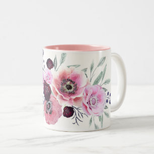 Caneca De Café Em Dois Tons Flores cor-de-água-burgueiras