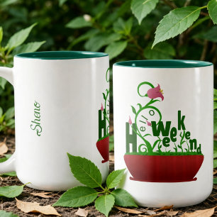 Caneca De Café Em Dois Tons Flores Cor-de-Rosa E Trepadeiras Texto Em Negrito