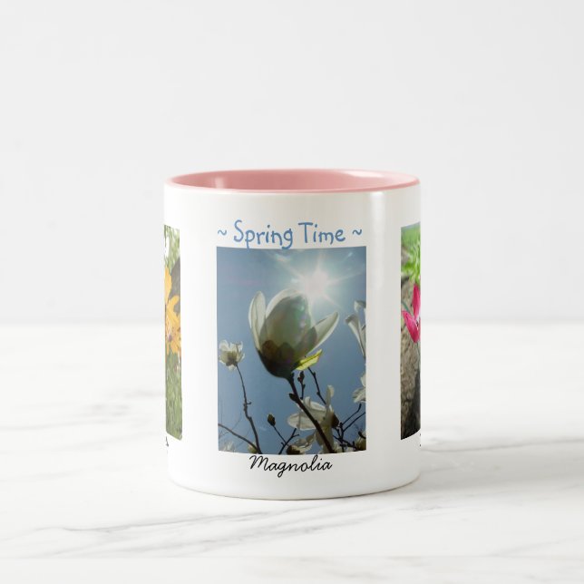 Caneca De Café Em Dois Tons Flores da primavera Daisies Magnolia Crocuses Mug (Centro)