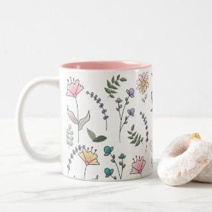 Caneca De Café Em Dois Tons Flores de aguarela desenhadas à mão na primavera