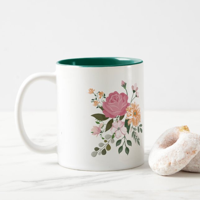 Caneca De Café Em Dois Tons Flores de aquarela (Com Donut)