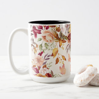 Caneca De Café Em Dois Tons Flores de Aquarela e Borboleta