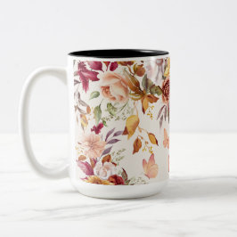 Caneca De Café Em Dois Tons Flores de Aquarela e Borboleta