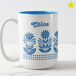 Caneca De Café Em Dois Tons Flores de Arte Popular Turquesa Minimalista Modern