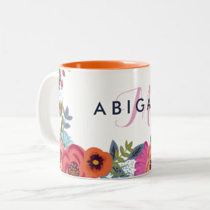 Caneca De Café Em Dois Tons Flores de Boho - Monograma de Nome e Rosa 